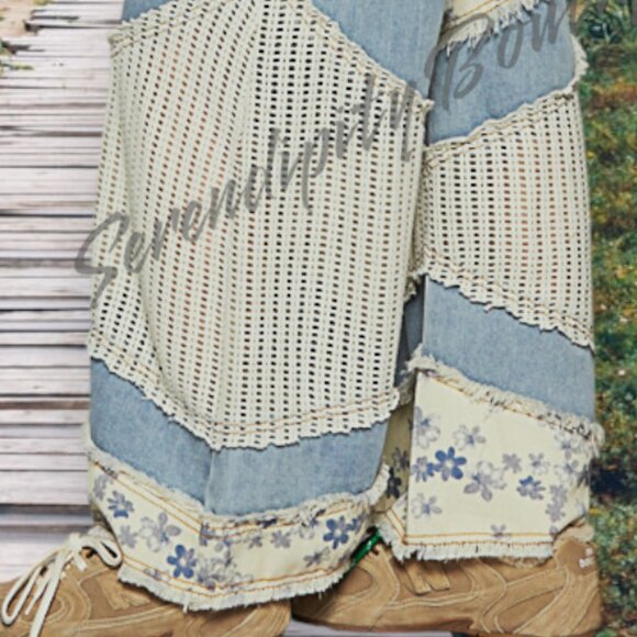 POL Floral Patchwork Frayed Edge Super Baggy Wide Flare Leg Cotton Denim Jeans - Picture 4 of 11